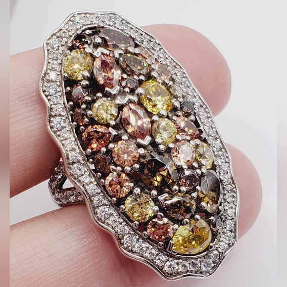 White - Chocolate - Yellow Diamond Simulants 925 Silver Statement Halo Ring - Picture 9 of 9